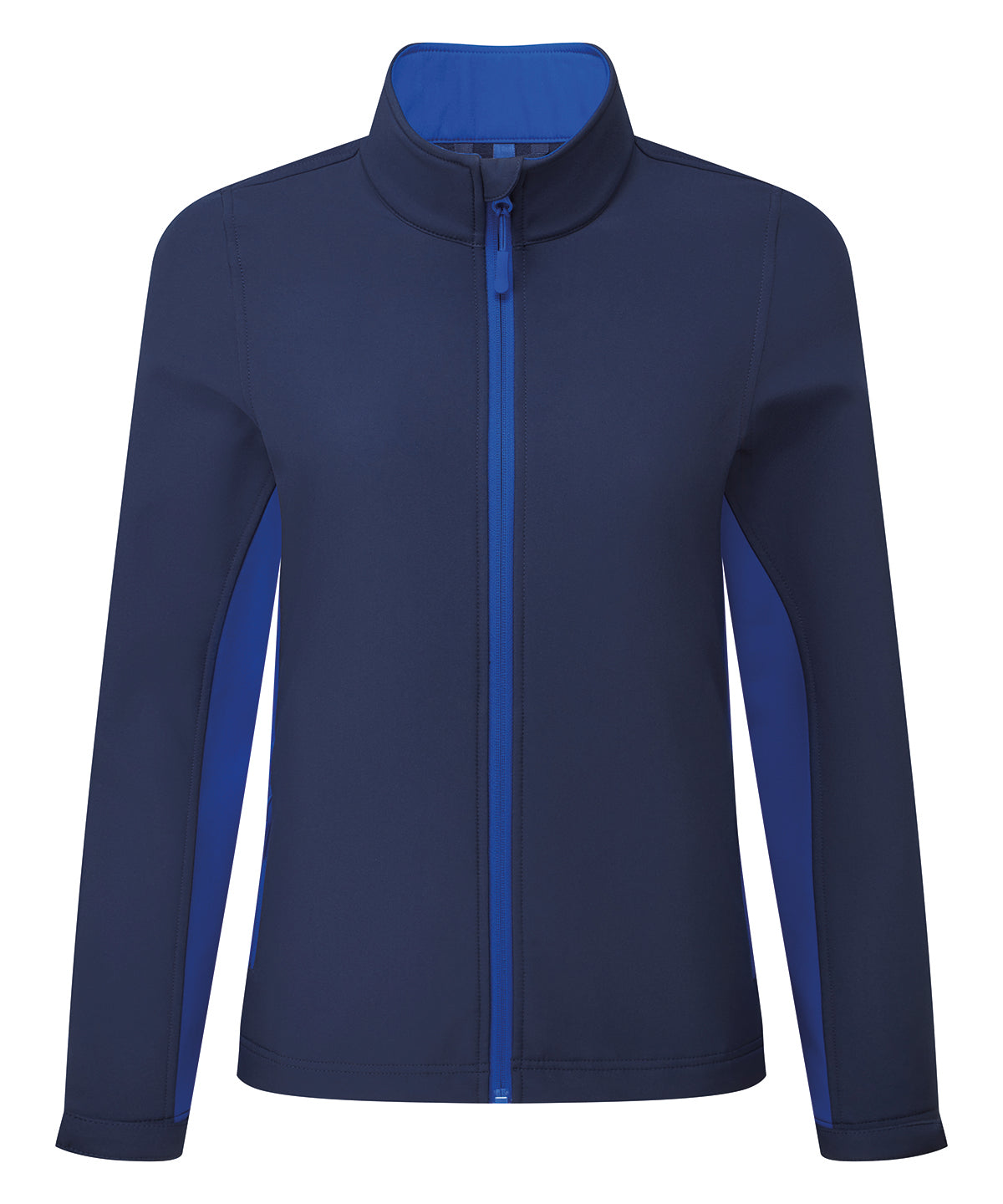 Premier Women’s Windchecker printable and recycled softshell jacket in Navy/Royal, front view