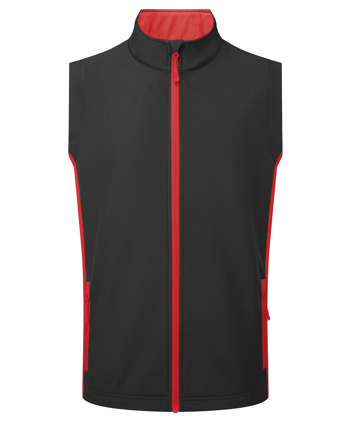 Premier Windchecker printable and recycled gilet in Black/Classic Red, front view