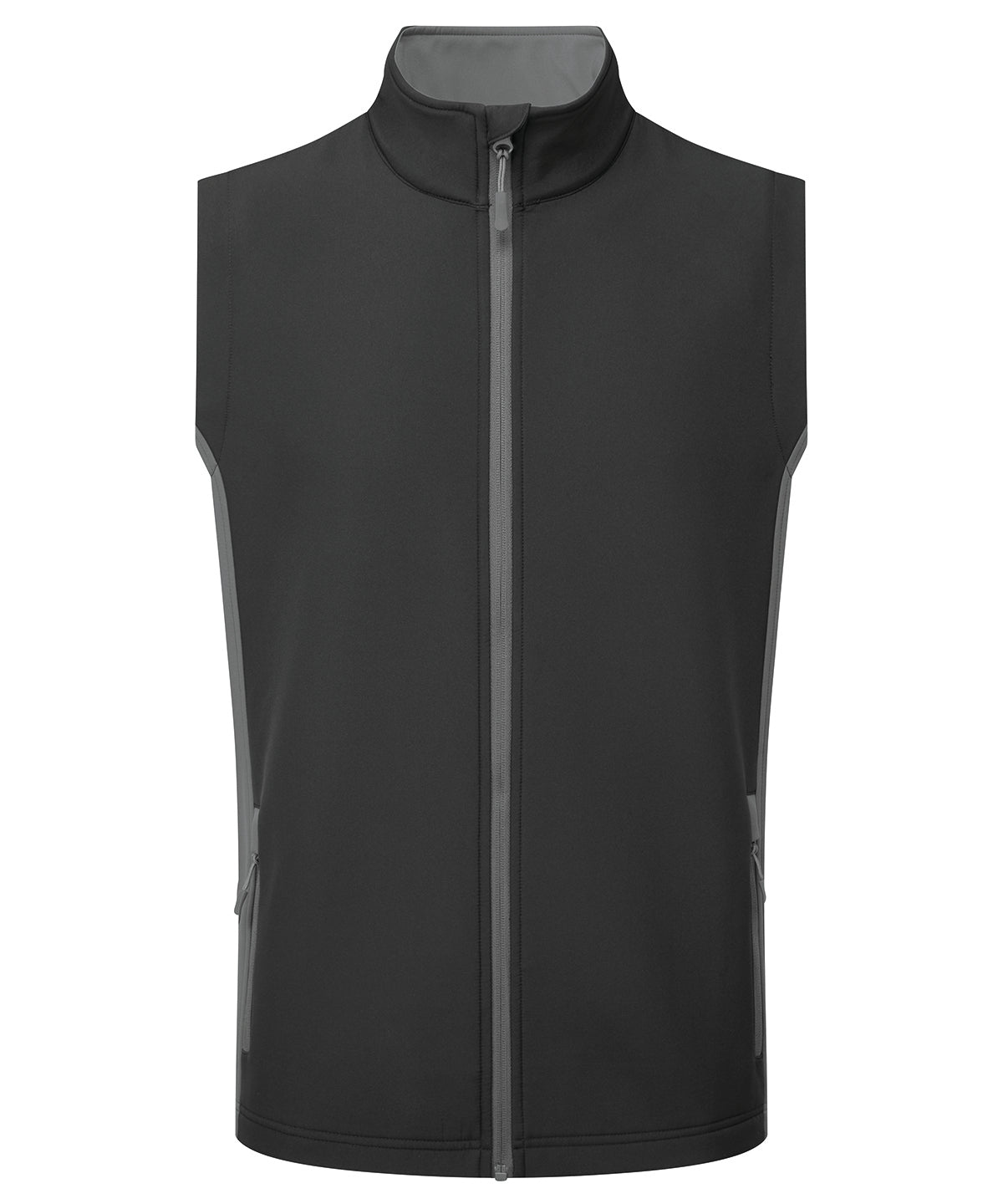 Premier Windchecker printable and recycled gilet in Black/Dark Grey, front view
