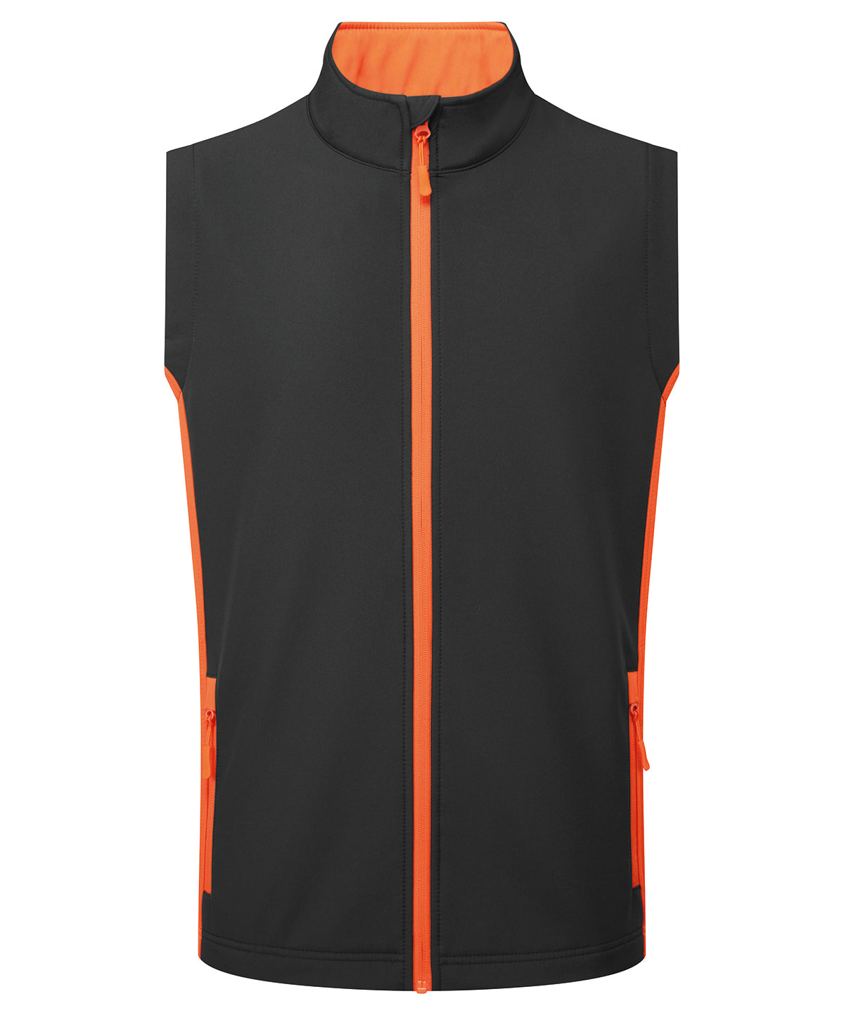 Premier Windchecker printable and recycled gilet in Black/Orange, front view