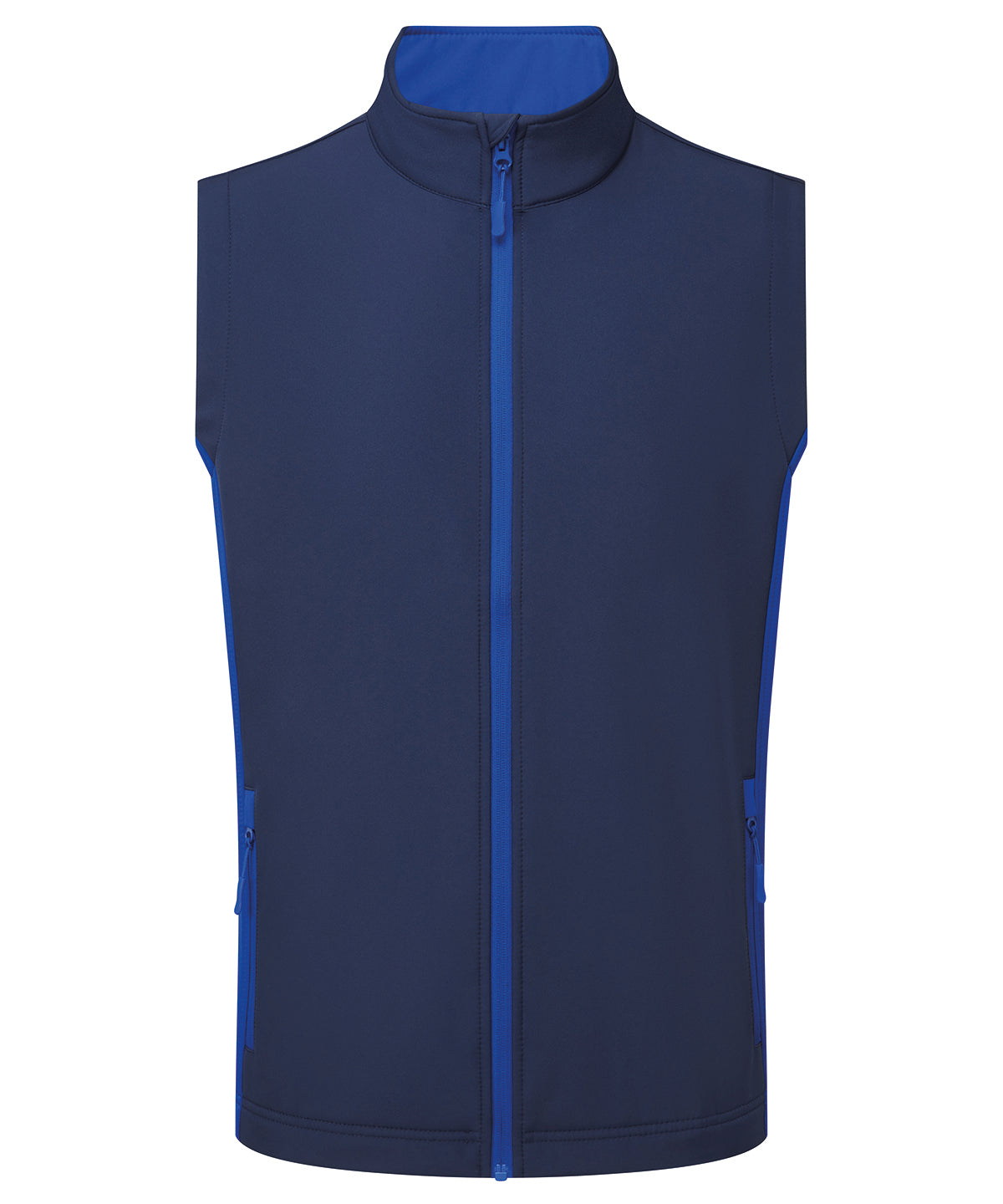 Premier Windchecker printable and recycled gilet in Navy/Royal, front view