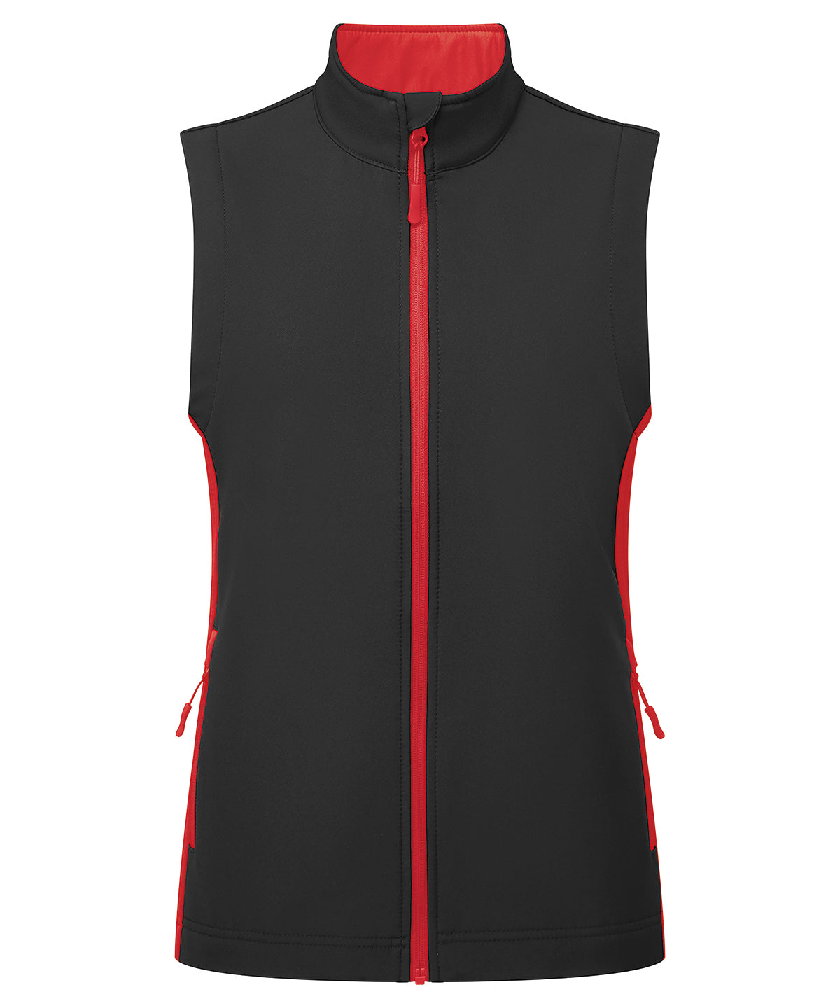 Premier Women’s Windchecker printable and recycled gilet in Black/Classic Red, front view