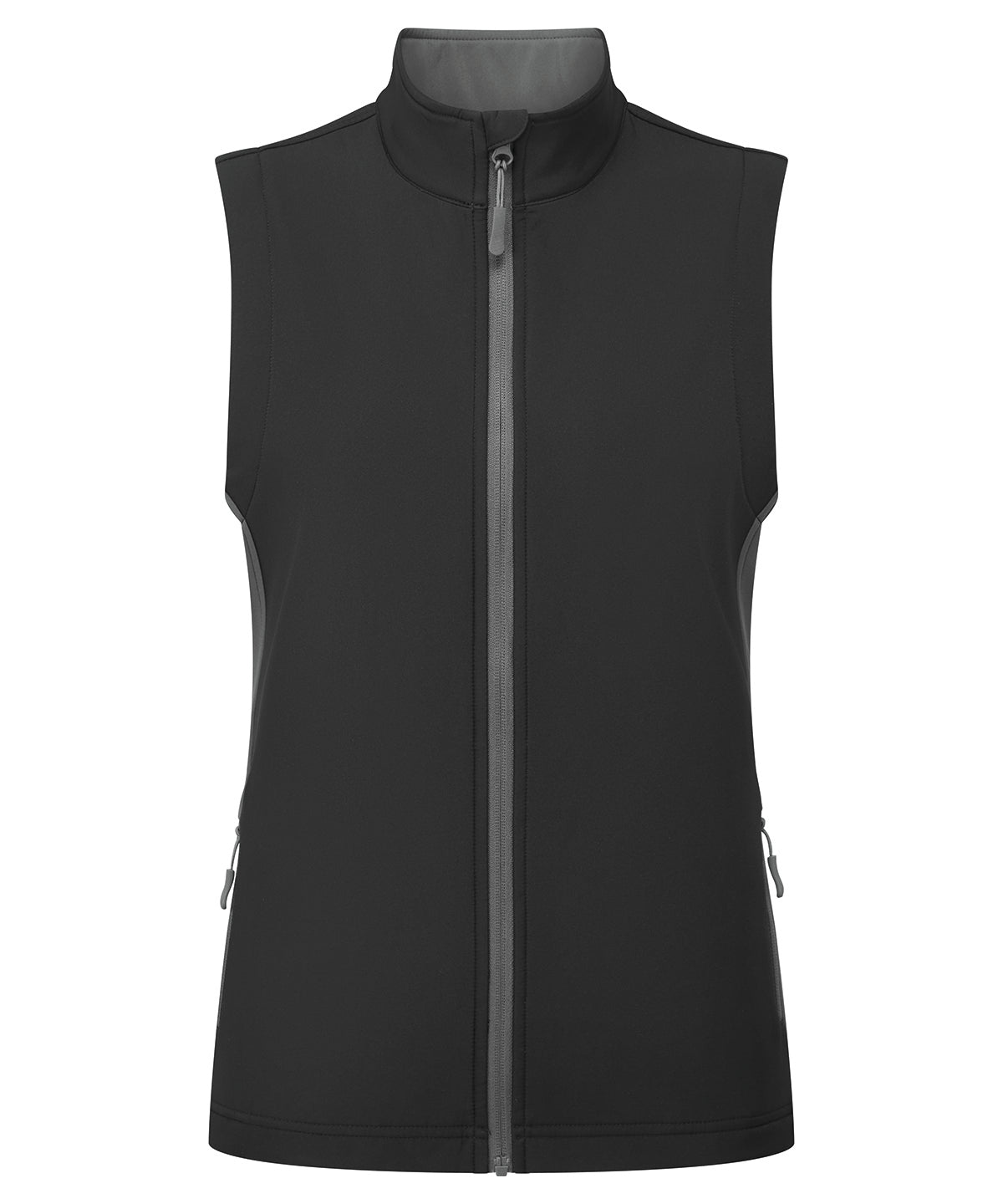 Premier Women’s Windchecker printable and recycled gilet in Black/Dark Grey, front view