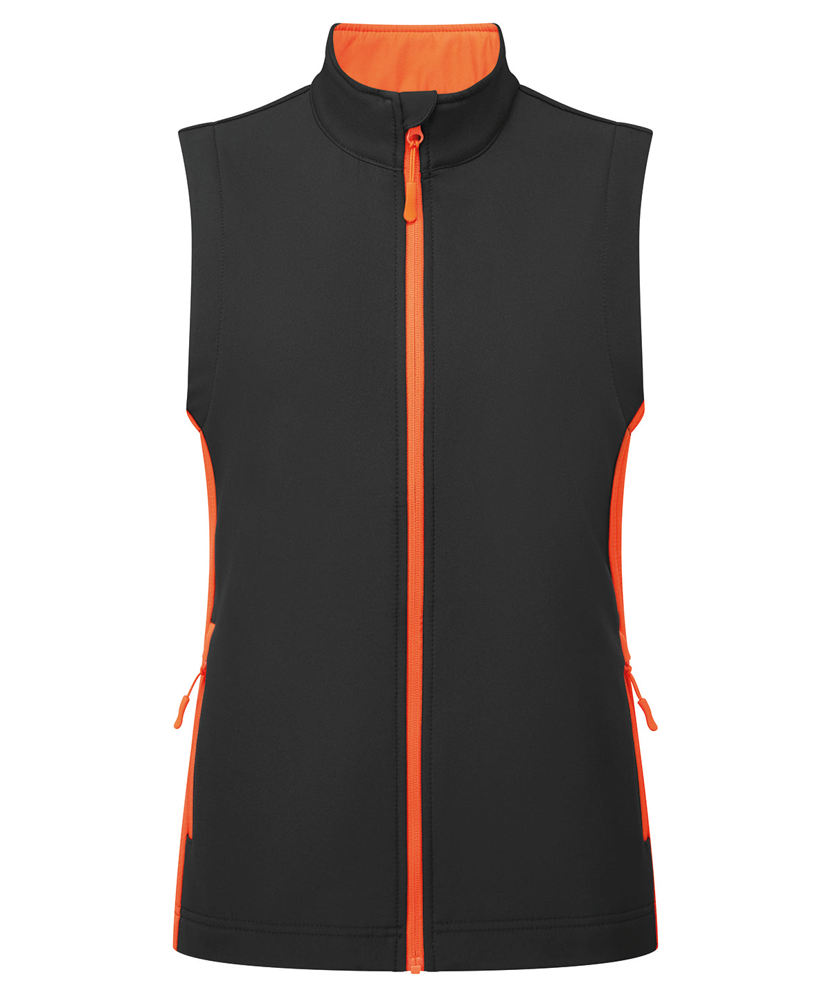 Premier Women’s Windchecker printable and recycled gilet in Black/Orange, front view