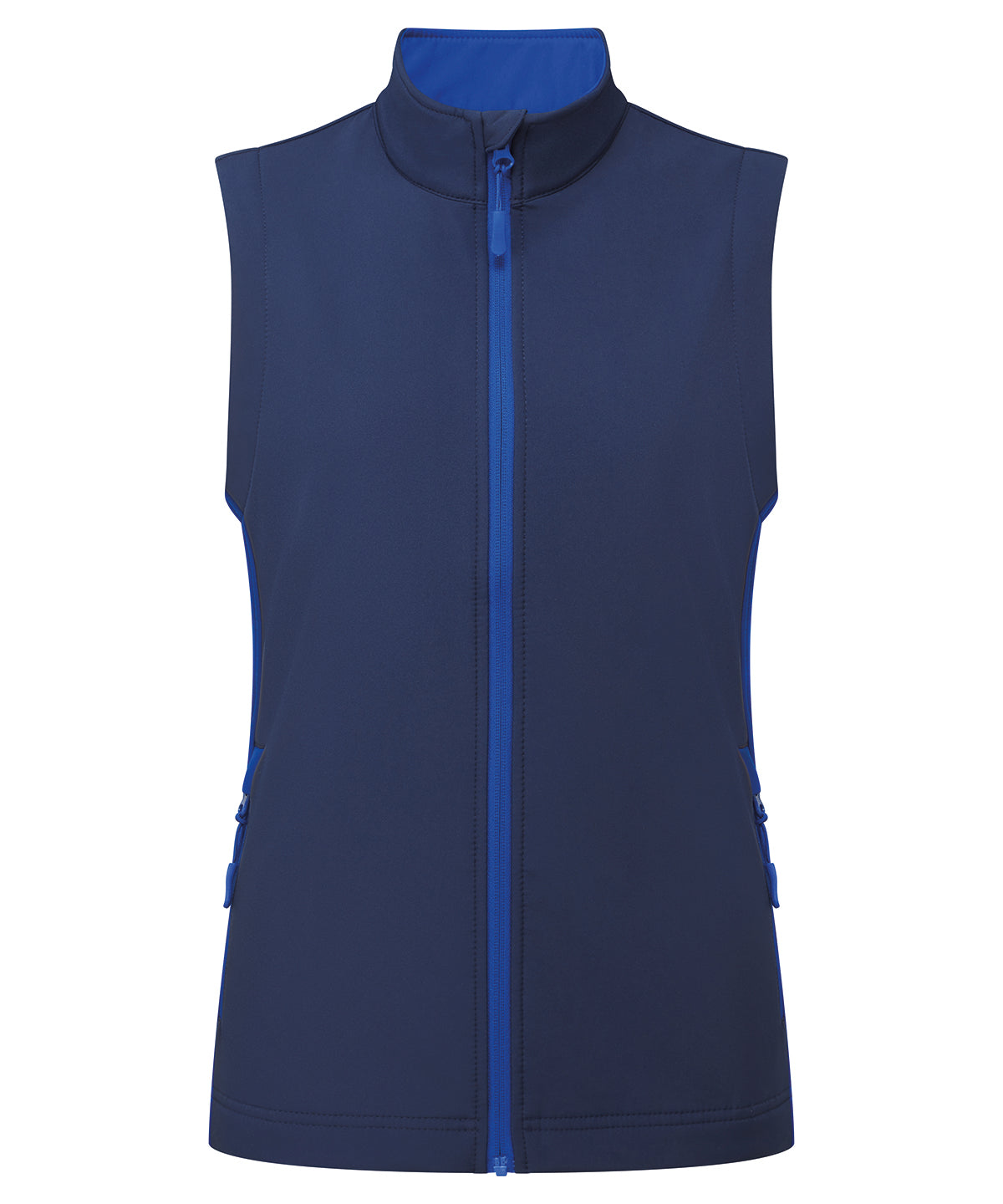 Premier Women’s Windchecker printable and recycled gilet in Navy/Royal, front view