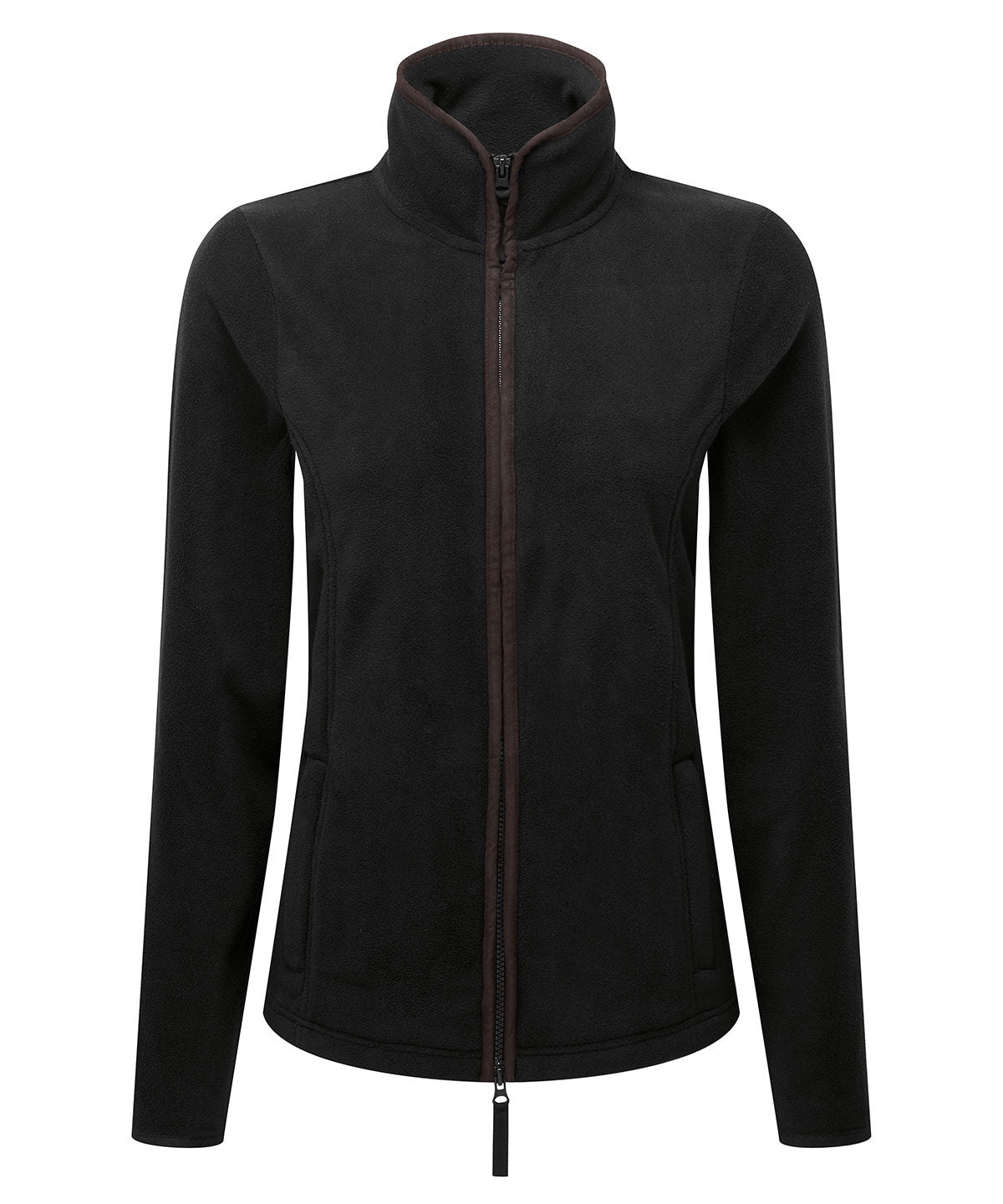 Premier Women’s artisan fleece jacket in Black/Brown, front view