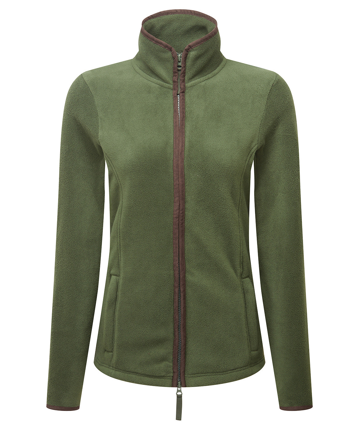 Premier Women’s artisan fleece jacket in Moss Green/Brown, front view