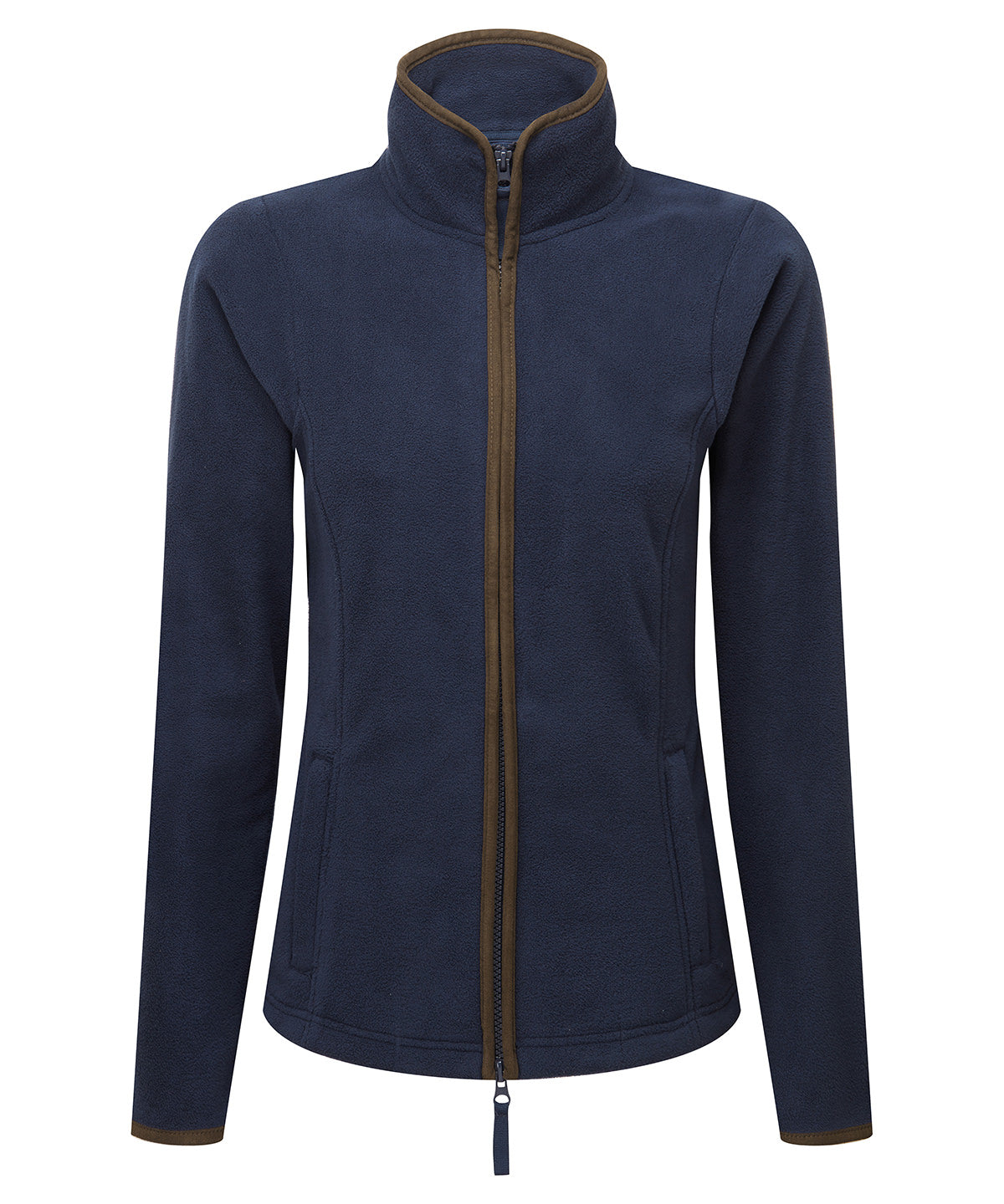 Premier Women’s artisan fleece jacket in Navy/Brown, front view