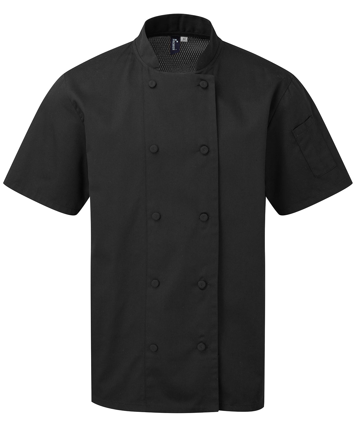 Premier Chefs Coolchecker short sleeve jacket in Black, front view