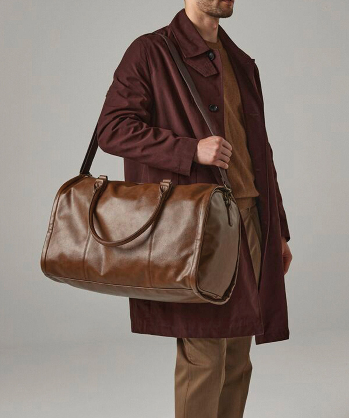 Quadra NuHide garment weekender in Tan, lifestyle photo