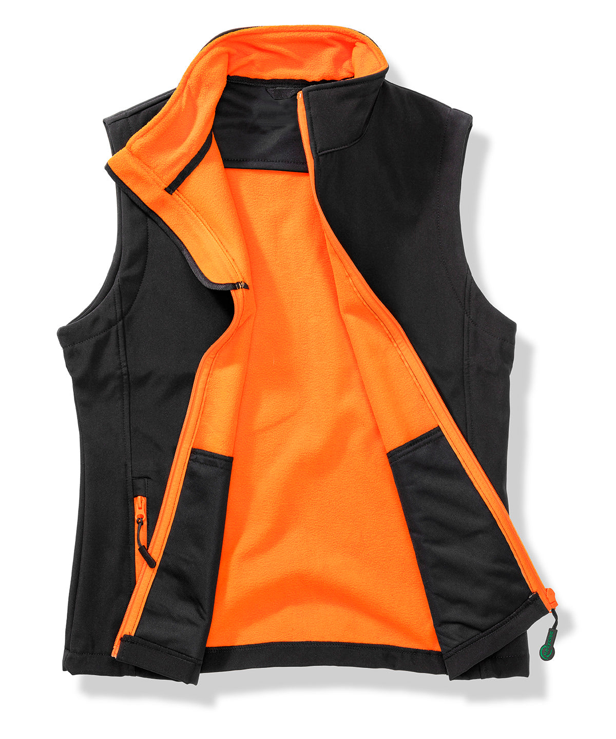 Result Core Womens printable softshell bodywarmer with recycled fleece inner in Black/Orange, front view