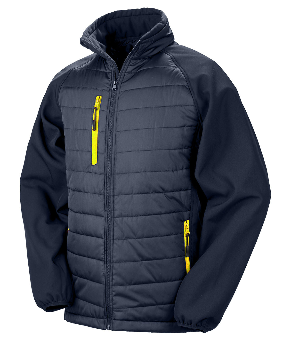 Result Recycled Compass padded softshell jacket in Navy_Yellow, front view