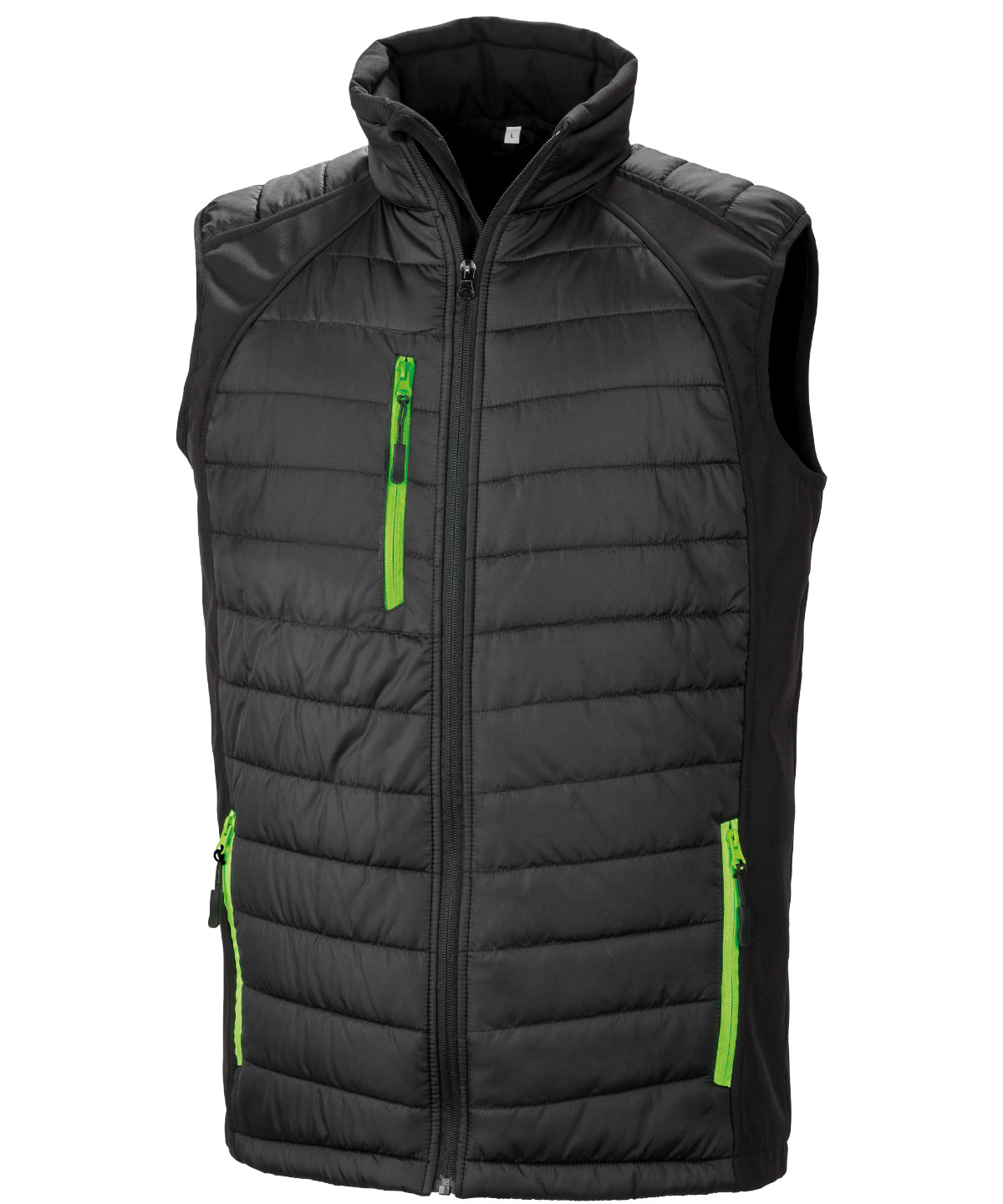 Result Recycled Compass padded softshell gilet in Black/Lime, front view
