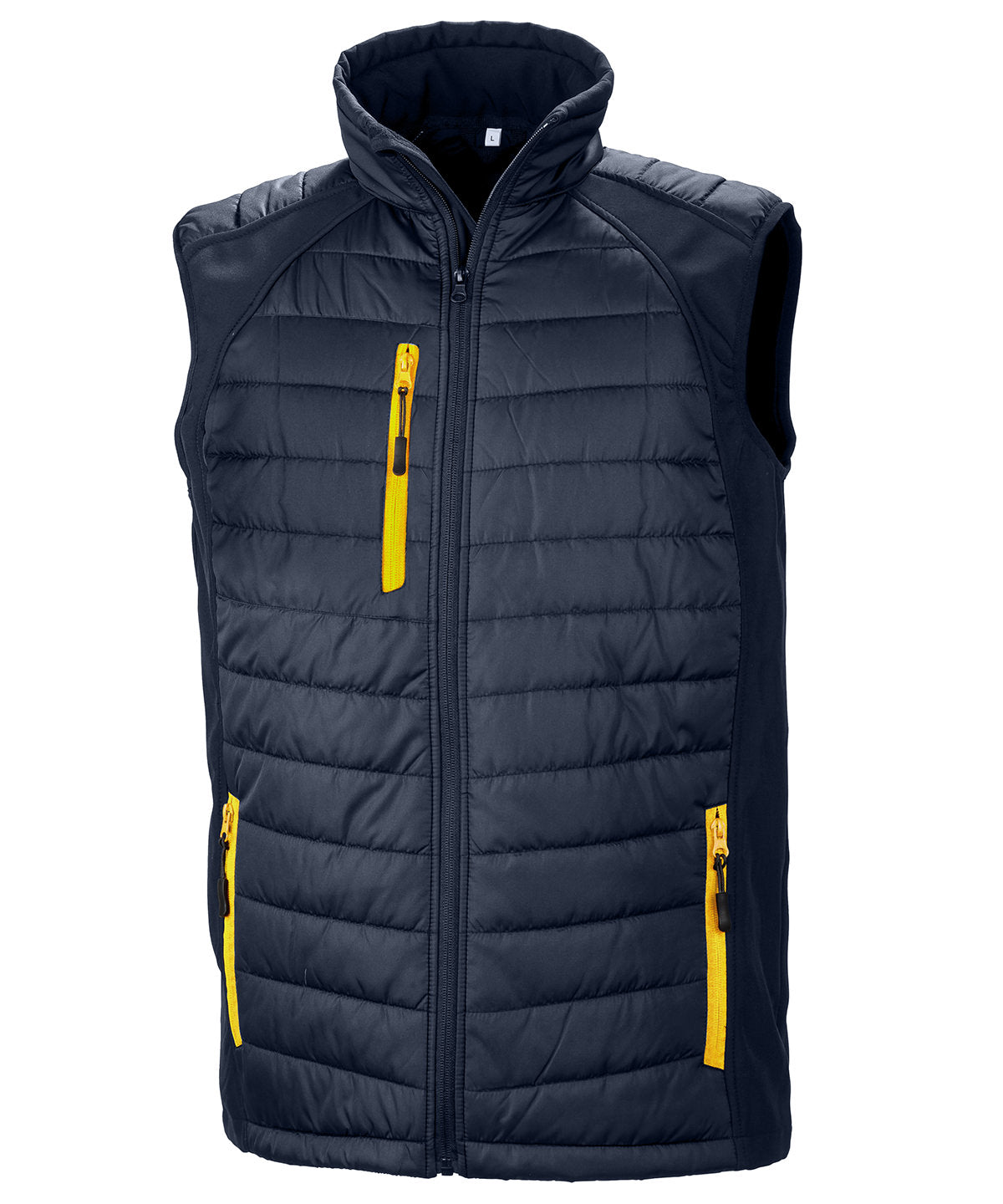 Result Recycled Compass padded softshell gilet in Navy_Yellow, front view