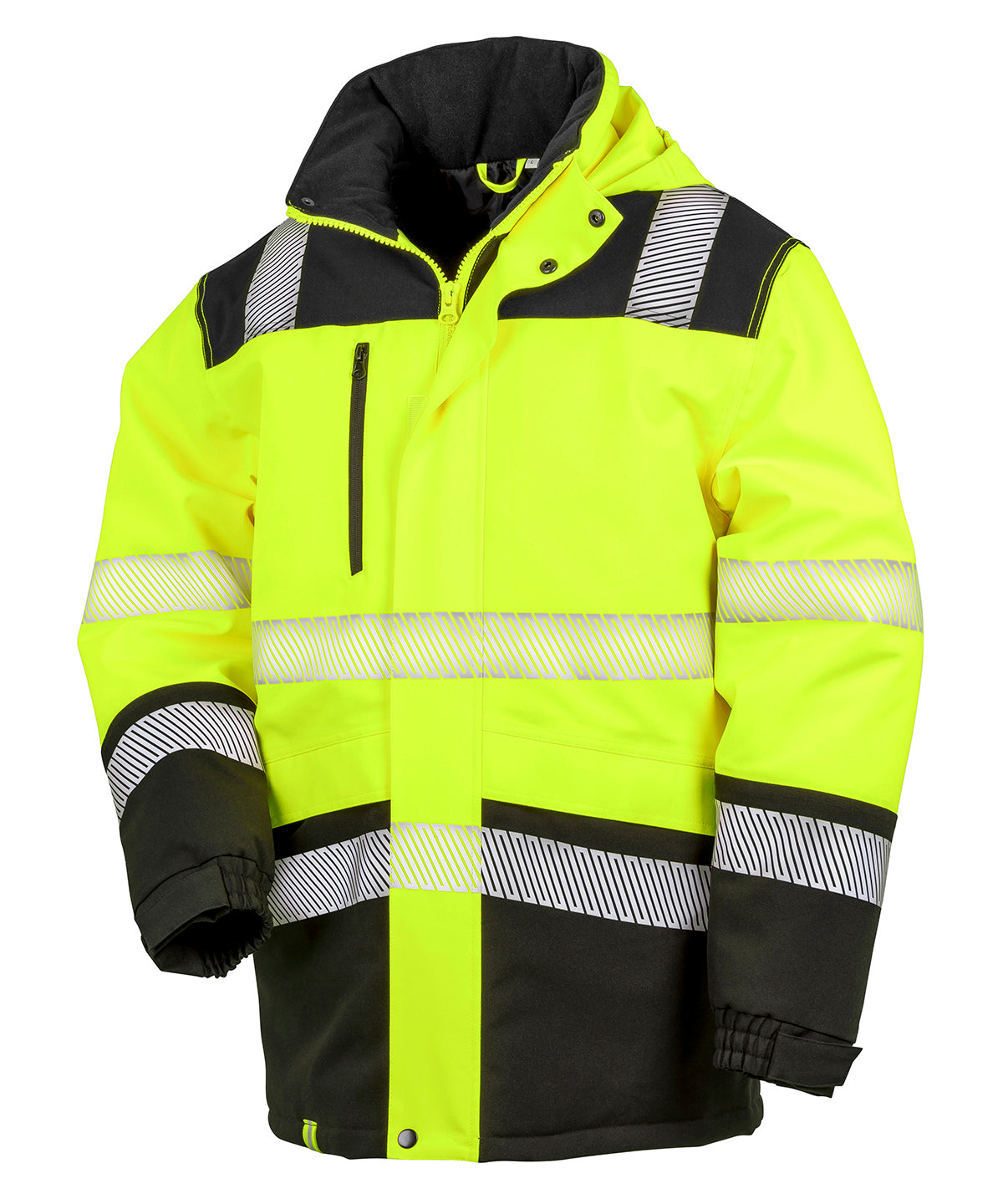 Result Safeguard Printable softshell safety coat in Fluorescent Yellow/Black, front view