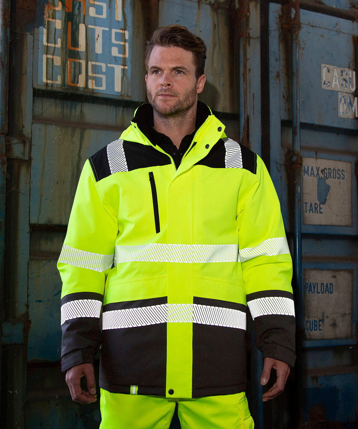 Result Safeguard Printable softshell safety coat in Fluorescent Yellow/Black, lifestyle photo