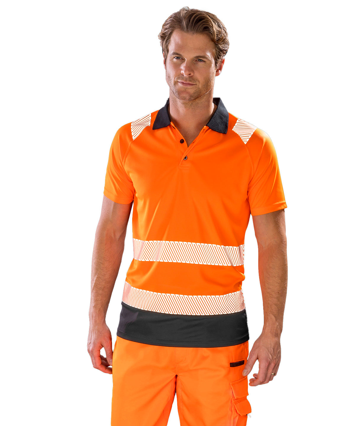 Result Recycled Safety polo in Fluorescent Orange/Black*, lifestyle photo