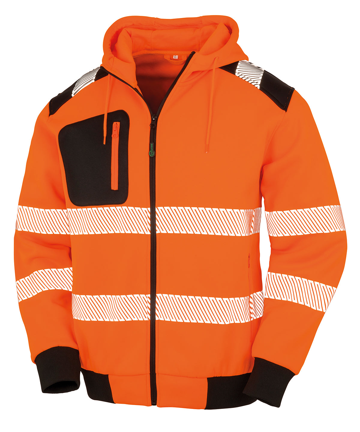 Result Recycled Robust zipped safety hoodie in Fluorescent Orange/Black, front view