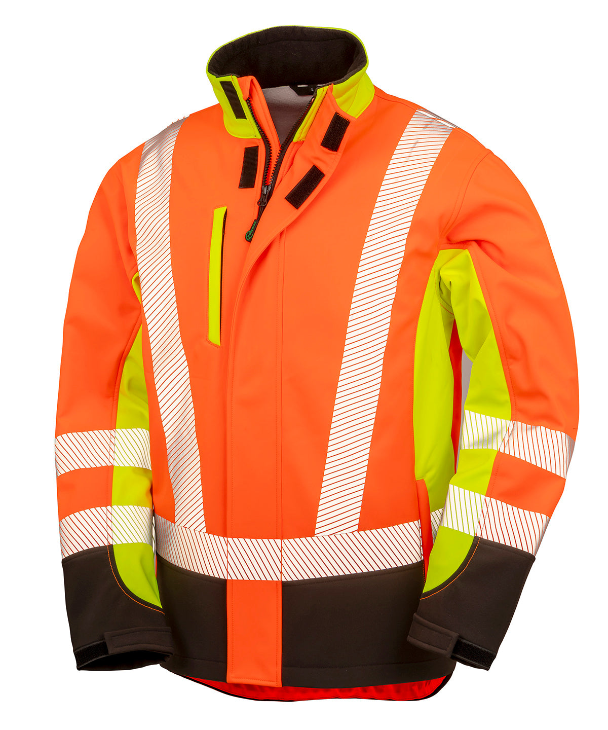 Result Recycled 3-layer printable 3-tone safety softshell in Fluorescent Yellow/Fluorescent Orange/Black, front view