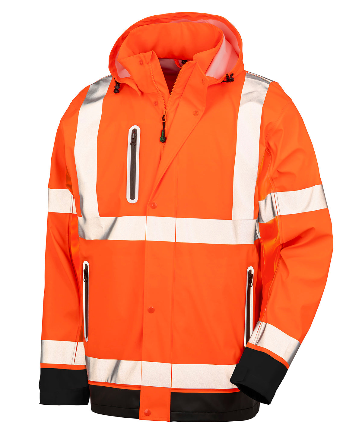 Result Recycled Heavy-duty prism PU safe and dry jacket with recycled backing in Fluorescent Orange/Black, front view