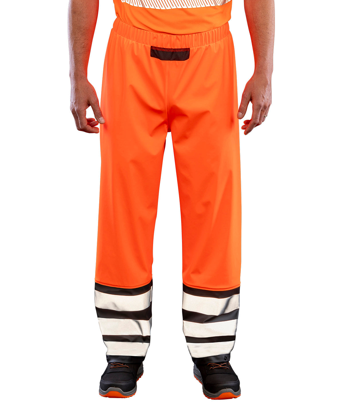 Result Recycled Heavy-duty prism PU safe and dry trousers with recycled backing in Fluorescent Orange/Black, lifestyle photo