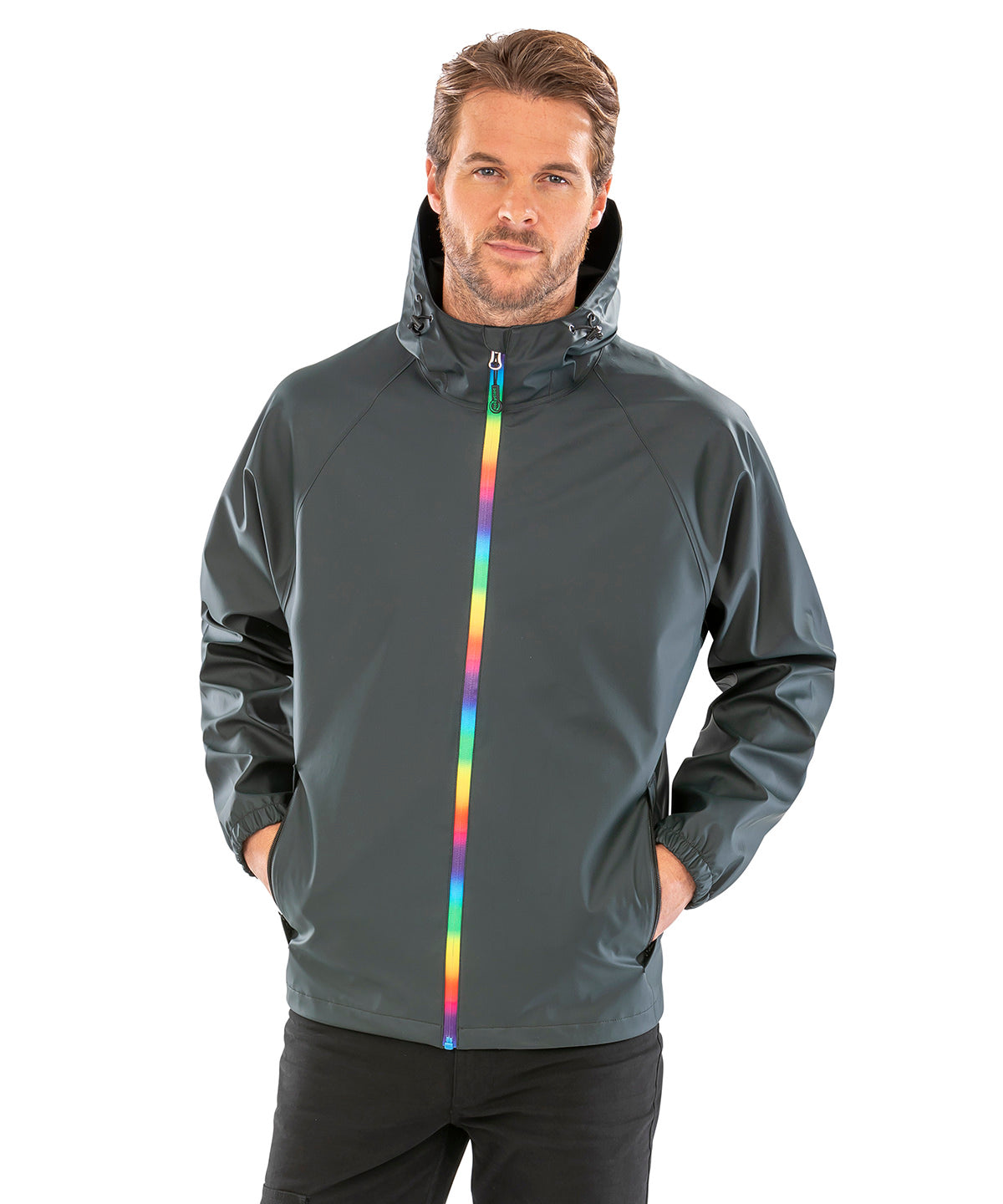 Result Recycled Prism PU waterproof jacket with recycled backing in Black Olive, lifestyle photo