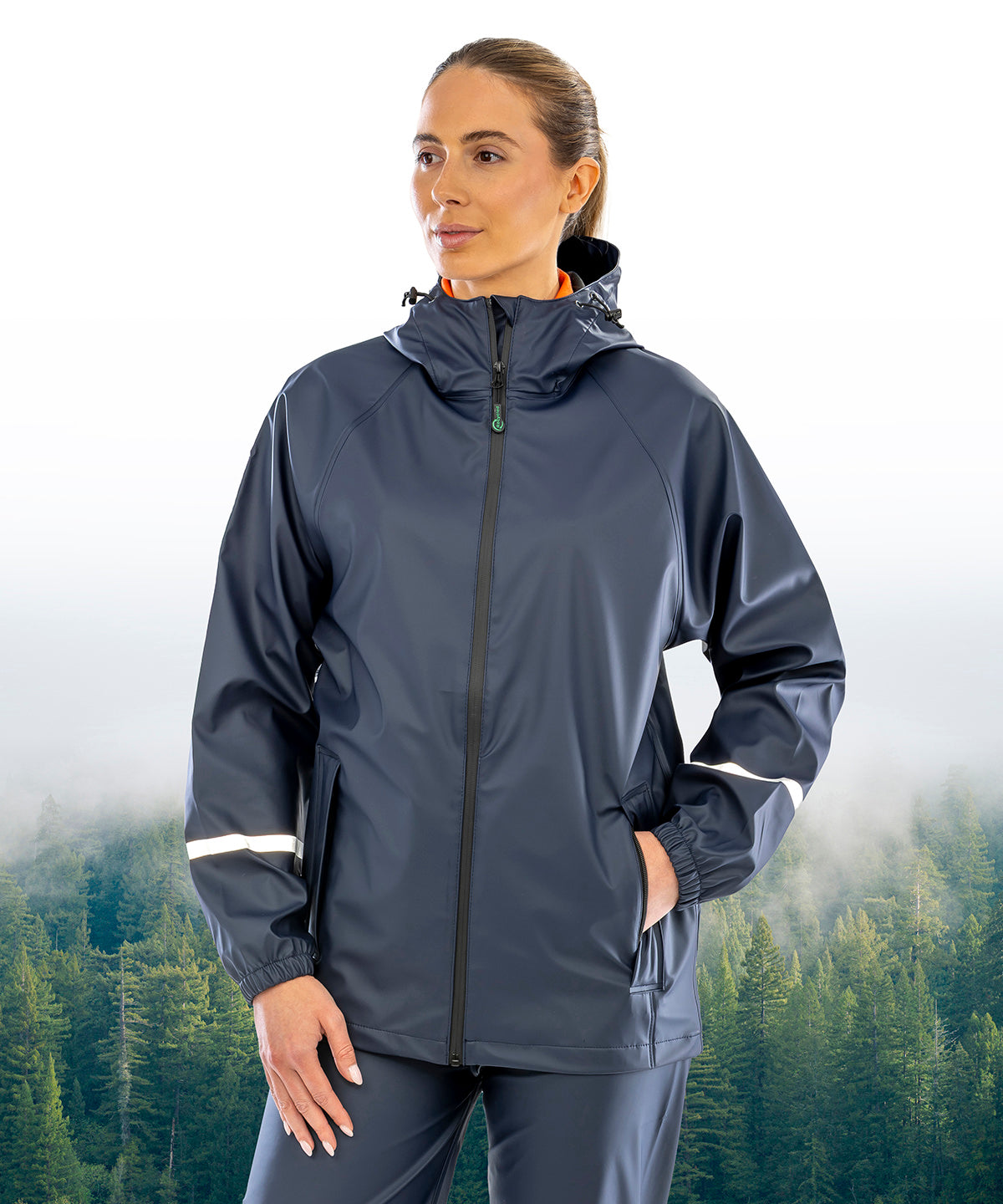 Result Recycled Prism PU waterproof jacket with reflective bands and recycled backing, lifestyle photo