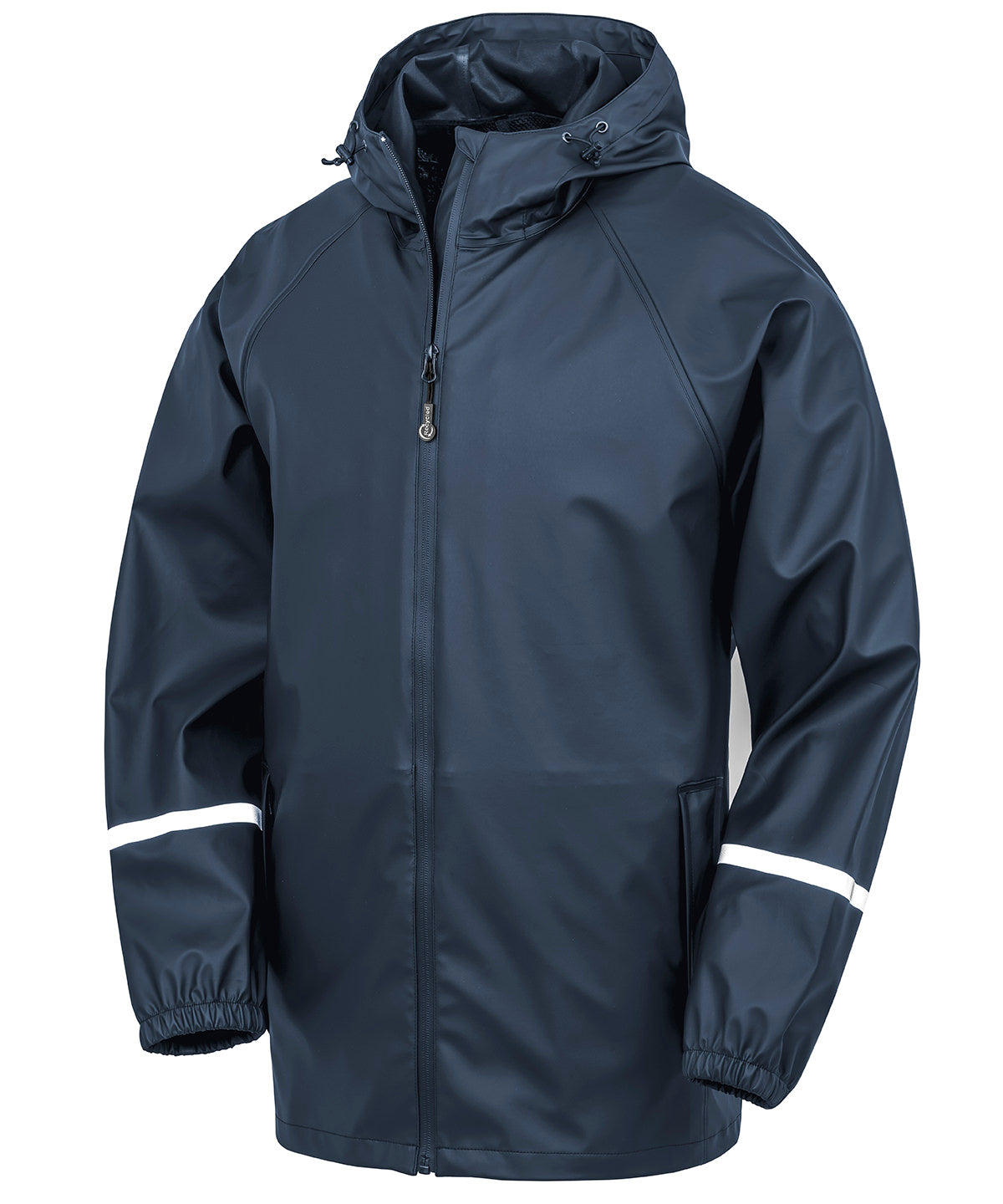 Result Recycled Prism PU waterproof jacket with reflective bands and recycled backing in Navy, front view