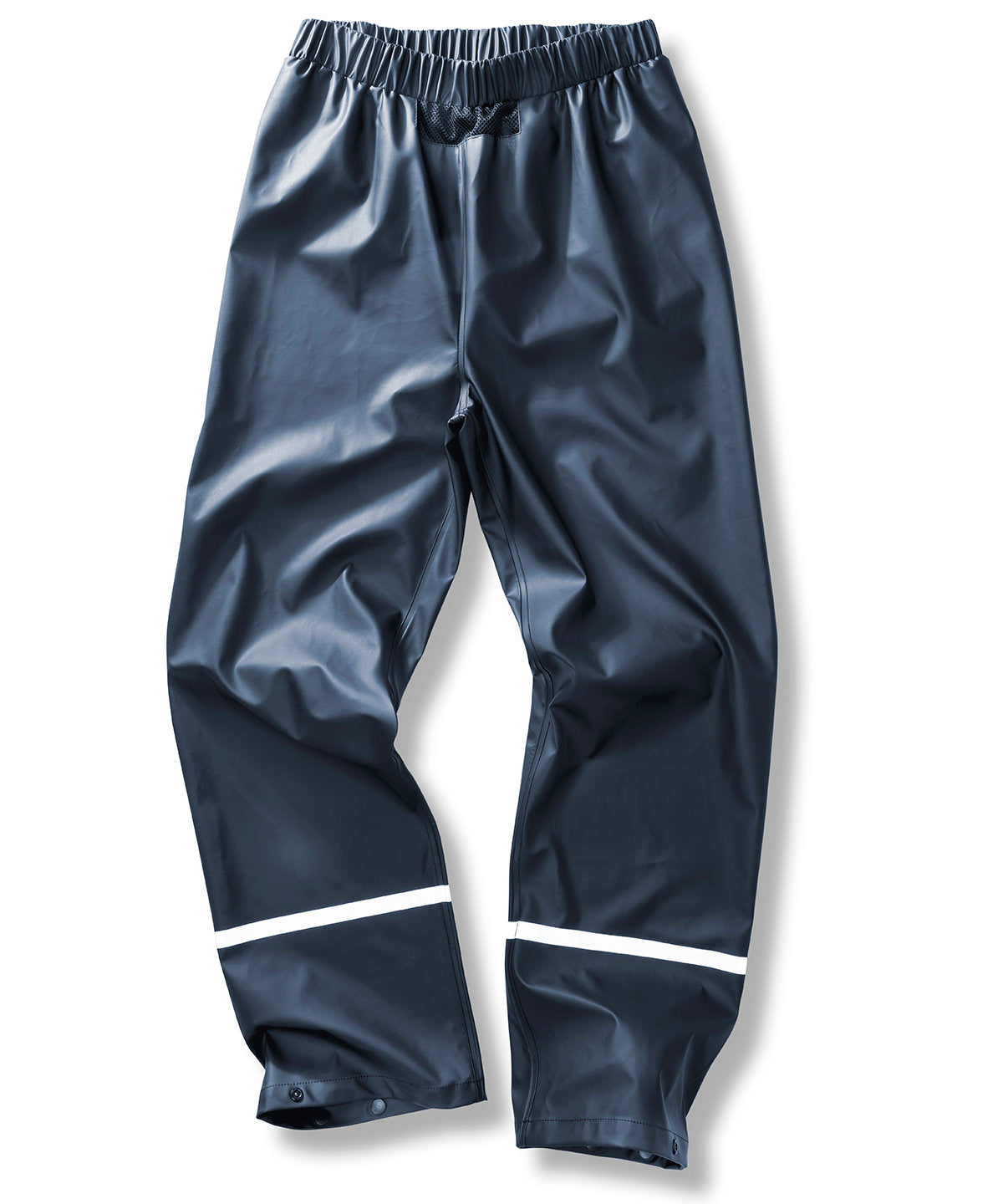 Result Recycled Prism PU waterproof trousers with reflective bands and recycled backing in Navy, front view