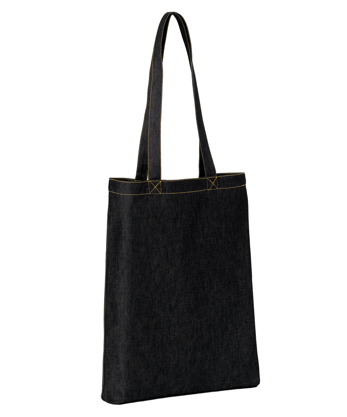 Nutshell Denim ‘flat base’ shopper in Black Denim, front view