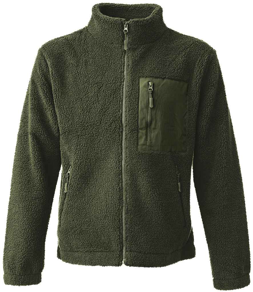 Ravine Unisex Full Zip Borg Fleece Jacket in Olive Green, front view