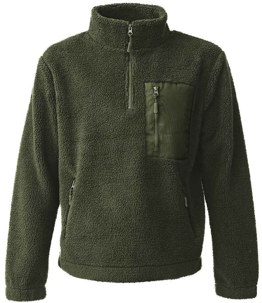 Ravine Unisex 1/4 Zip Borg Fleece in Olive Green, front view