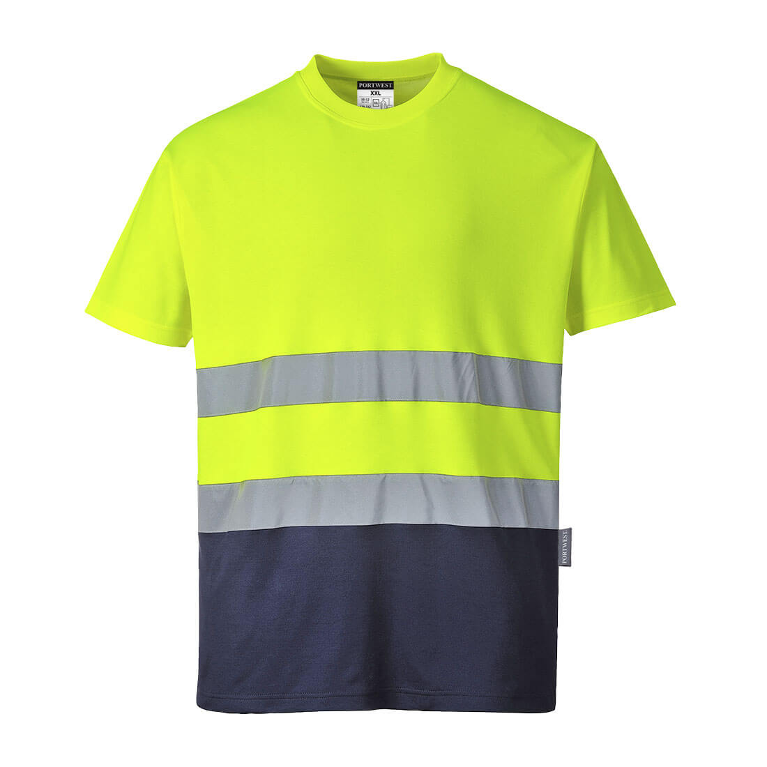 Portwest Hi-Vis Cotton Comfort Contrast T-Shirt S/S in Yellow/Navy, image 2