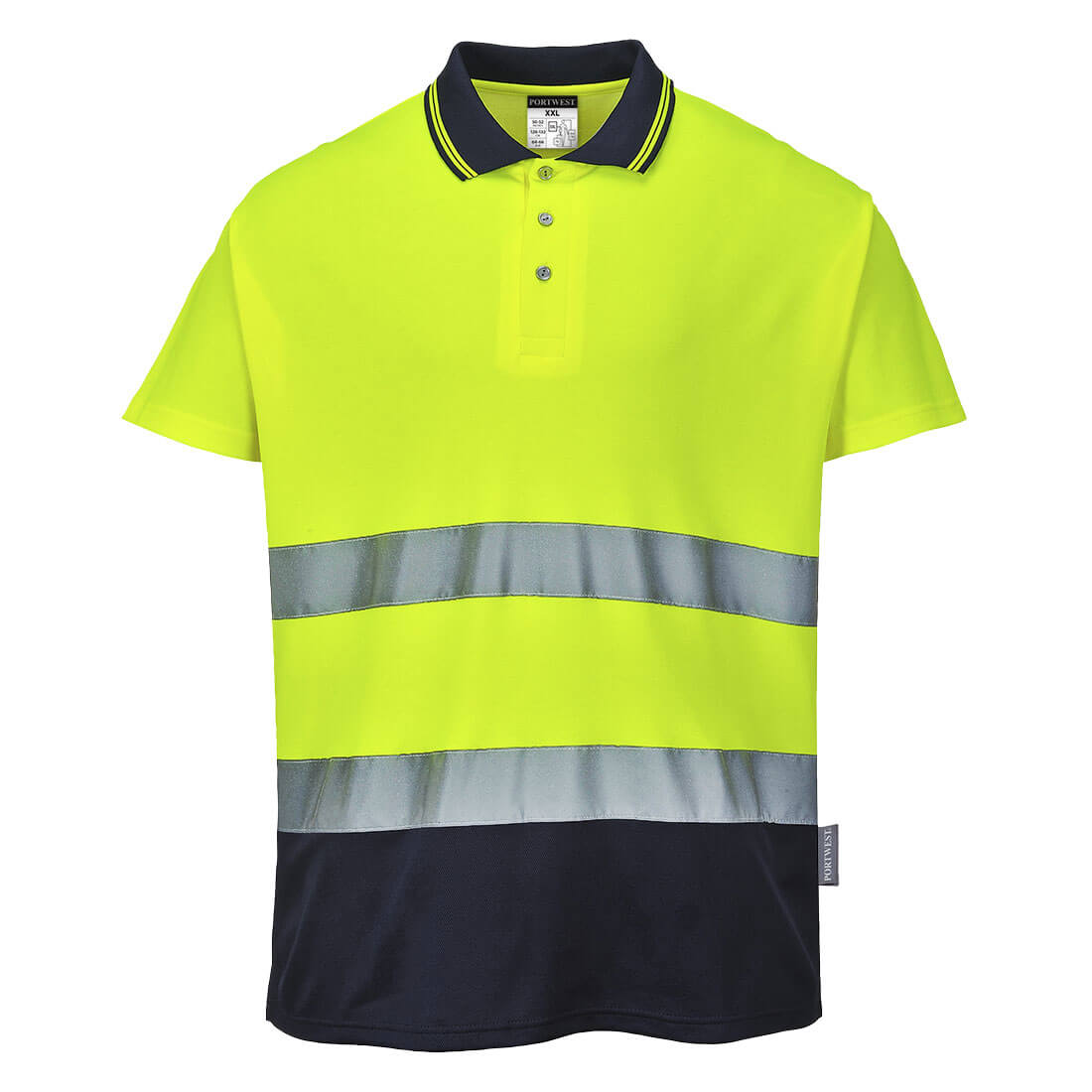 Portwest Hi-Vis Cotton Comfort Contrast Polo Shirt S/S in Yellow/Navy, image 2