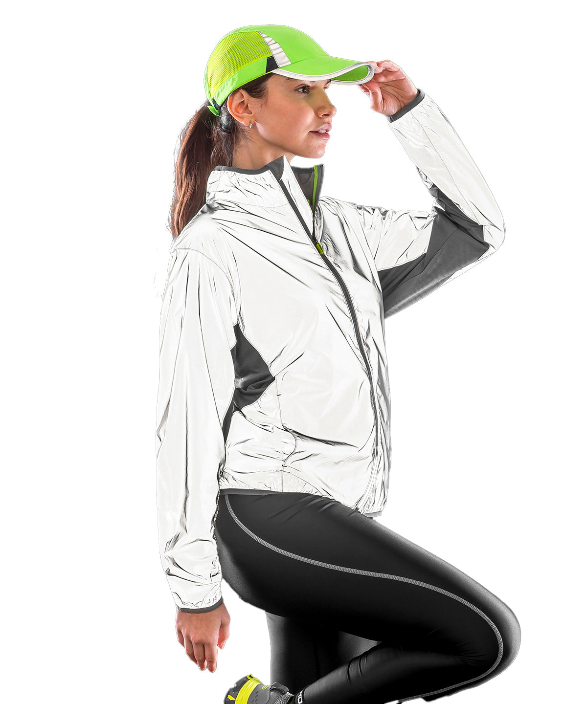 Spiro Luxe reflective hi-vis jacket in Neon White, lifestyle photo