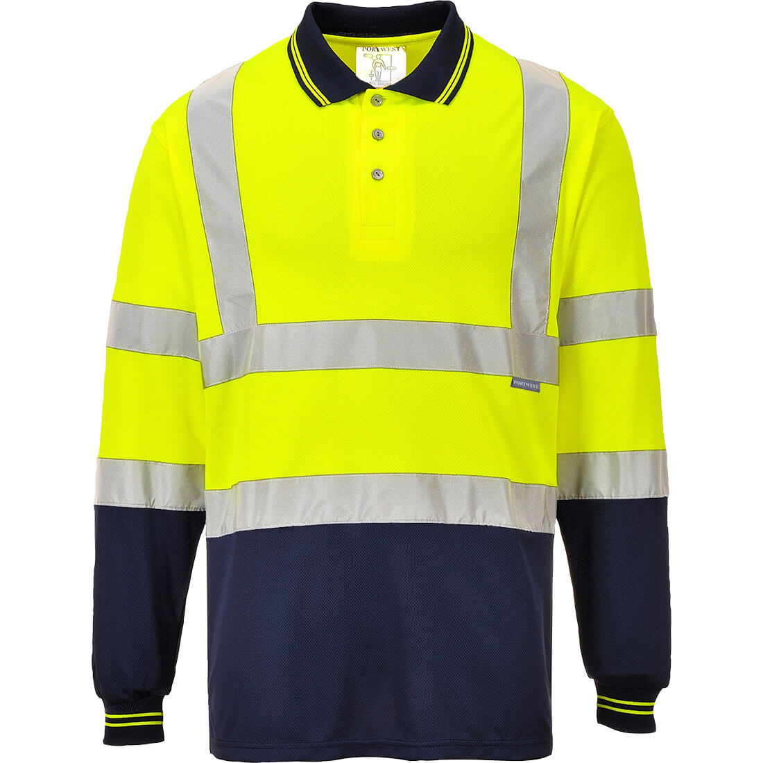 Portwest Hi-Vis Contrast Polo Shirt L/S in Yellow/Navy, image 2