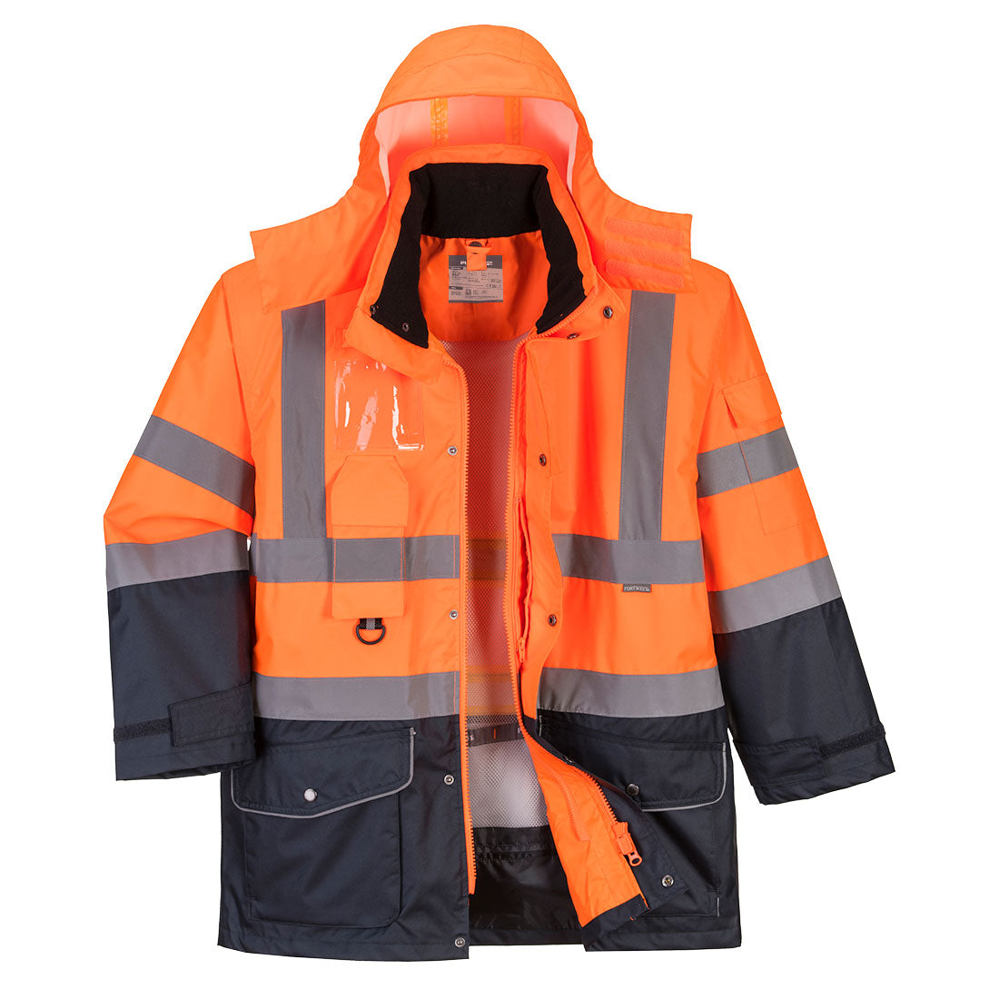 Portwest Hi-Vis Breathable 7-in-1 Contrast Traffic Jacket in Orange/Navy, main product image