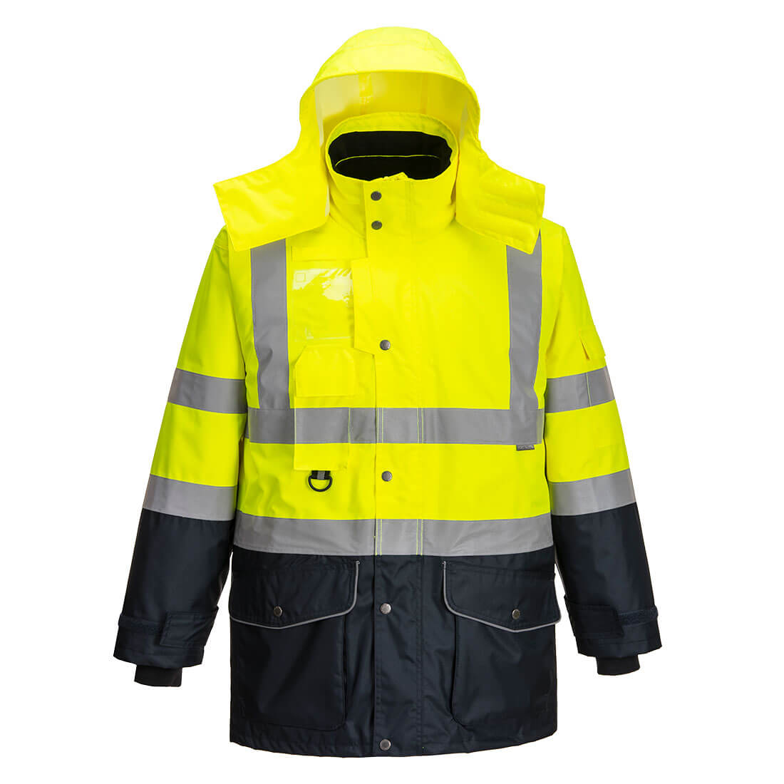Portwest Hi-Vis Breathable 7-in-1 Contrast Traffic Jacket in Yellow/Navy, image 2