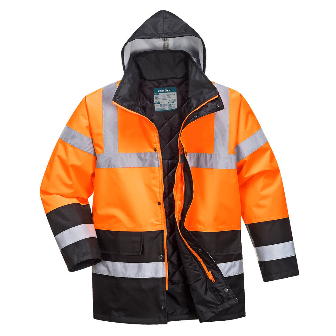 Portwest Hi-Vis Contrast Winter Traffic Jacket in Orange/Black, main product image