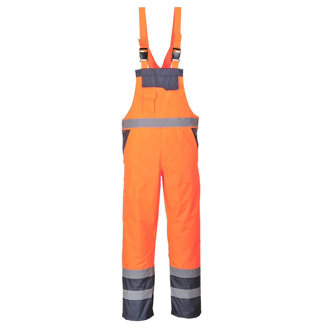 Portwest Hi-Vis Breathable Contrast Rain Bib and Brace in Orange/Navy, main product image