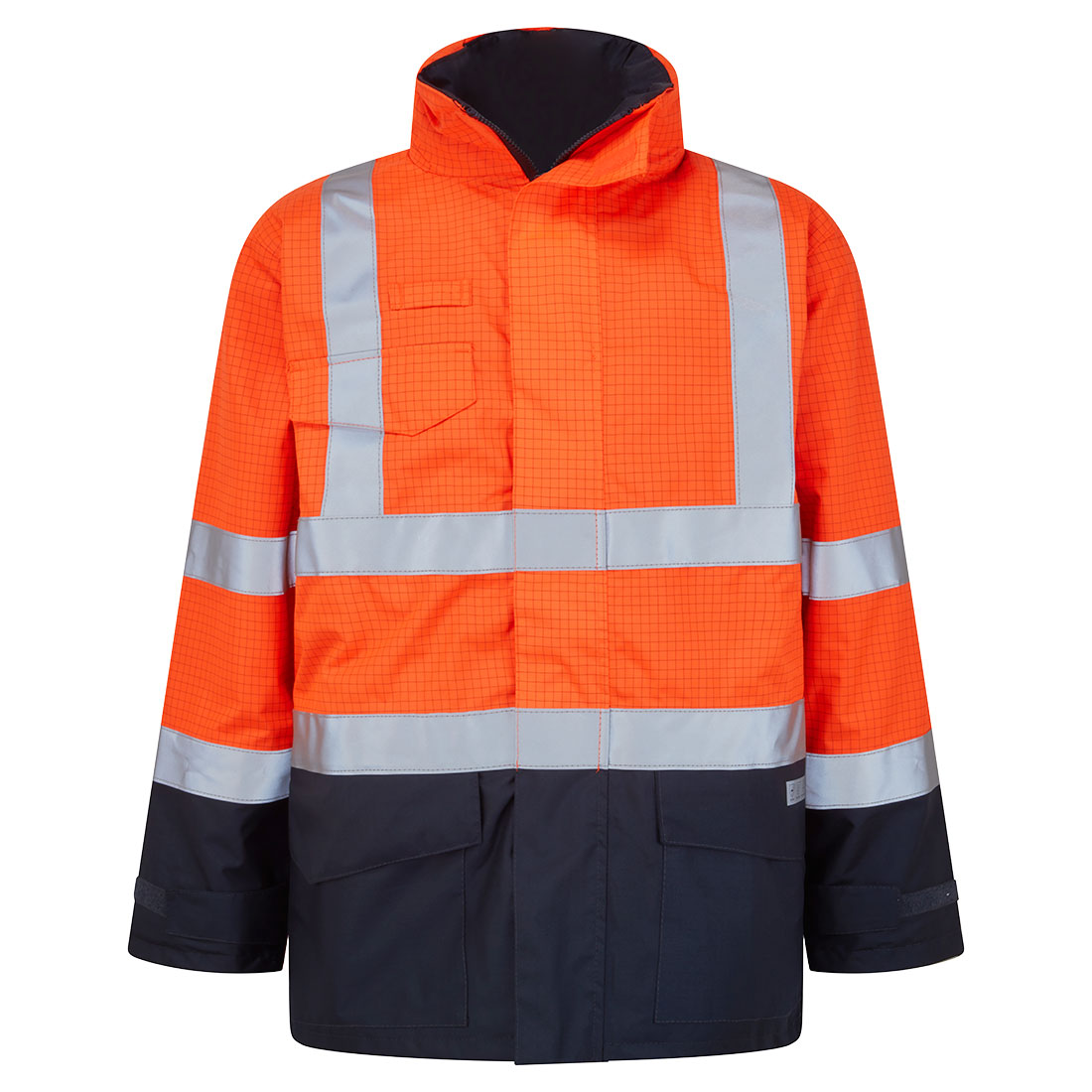 Portwest Bizflame Rain Hi-Vis Constrast FR Jacket in Orange/Navy, main product image