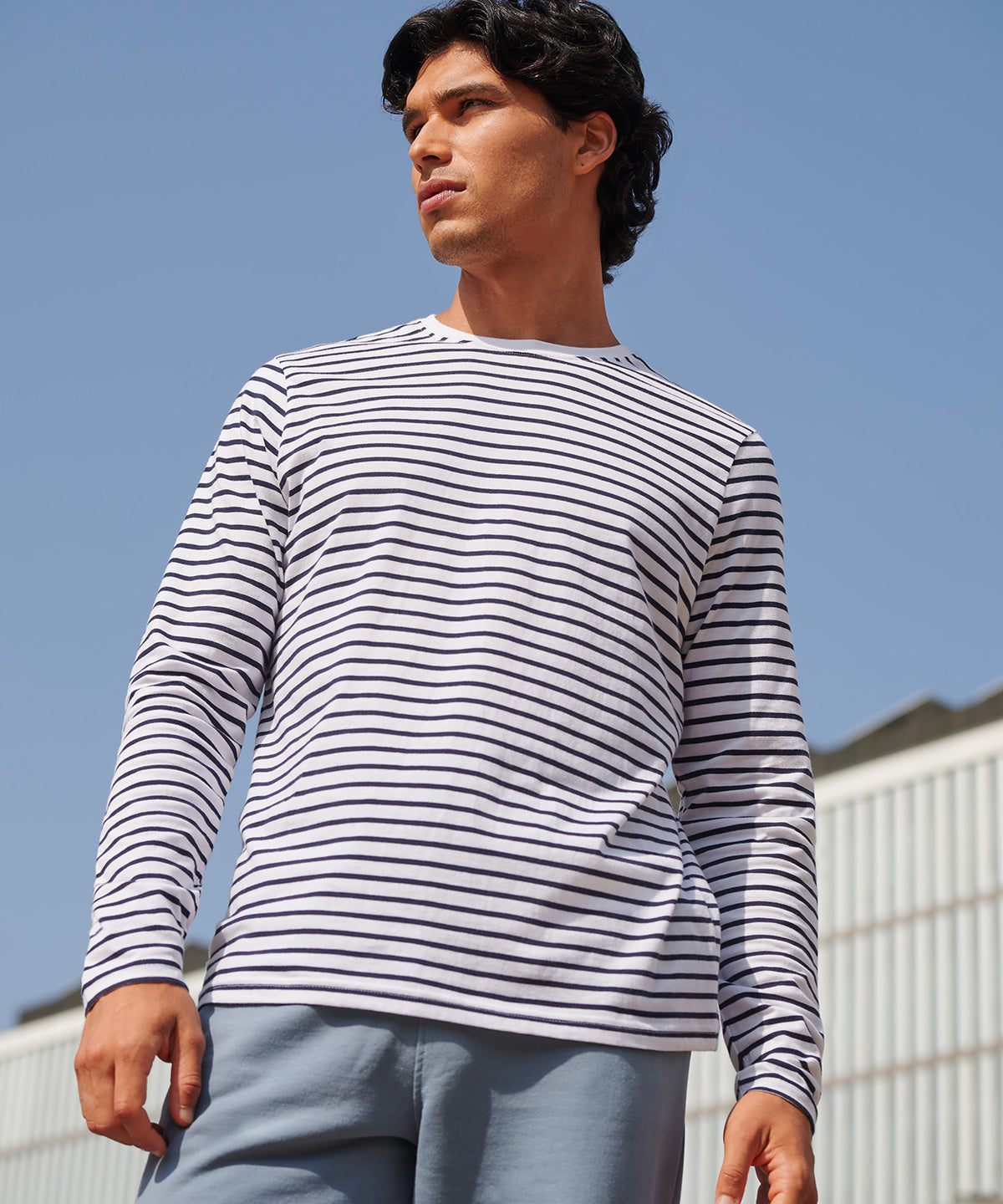 SF Unisex long-sleeved striped T in White/Oxford Navy, lifestyle photo