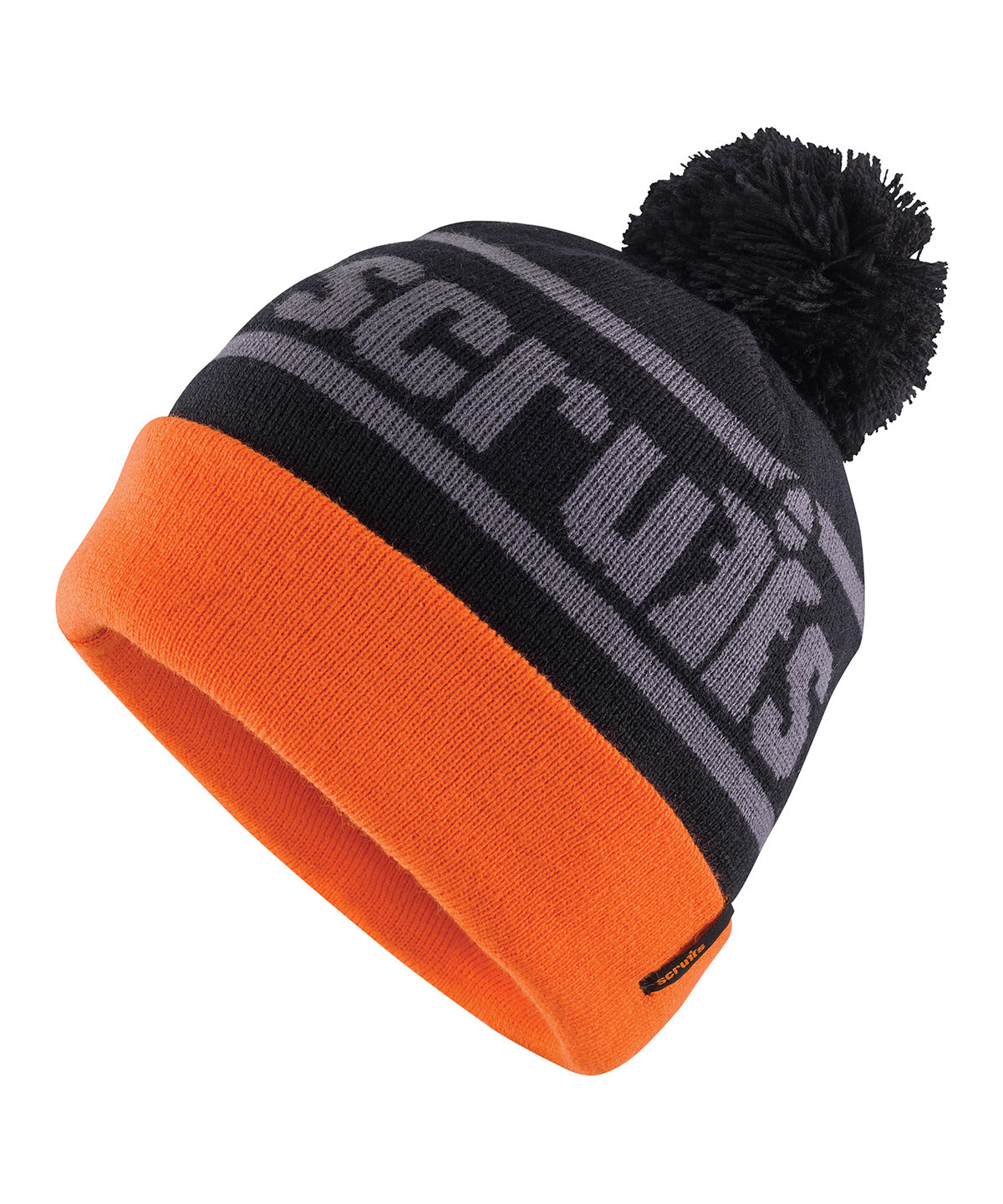 Scruffs Trade bobble hat in Black/Orange, front view