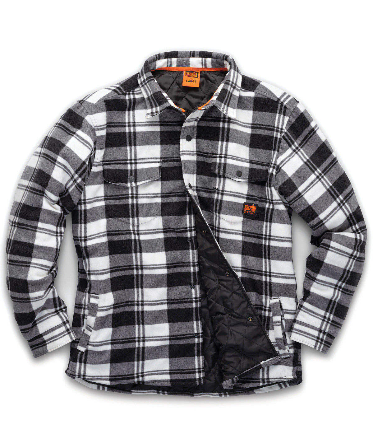Scruffs Worker padded checked shirt in Black/White, front view