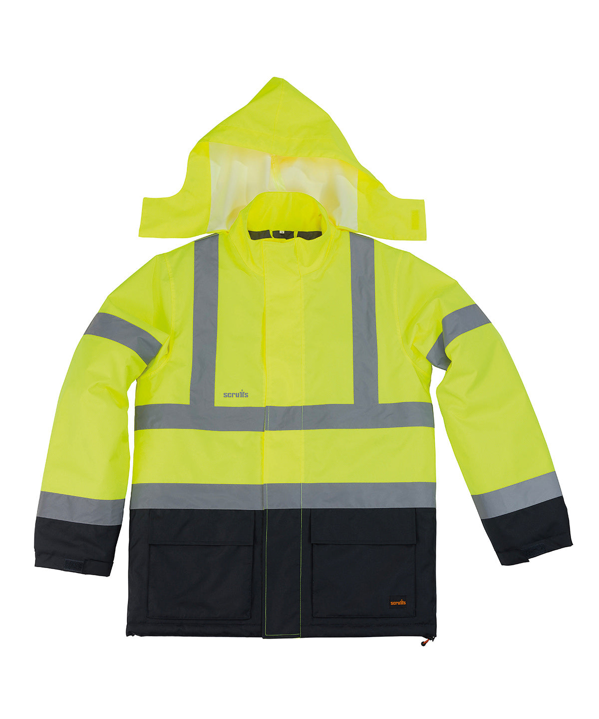 Scruffs High-visibility waterproof jacket in Yellow/Navy, front view