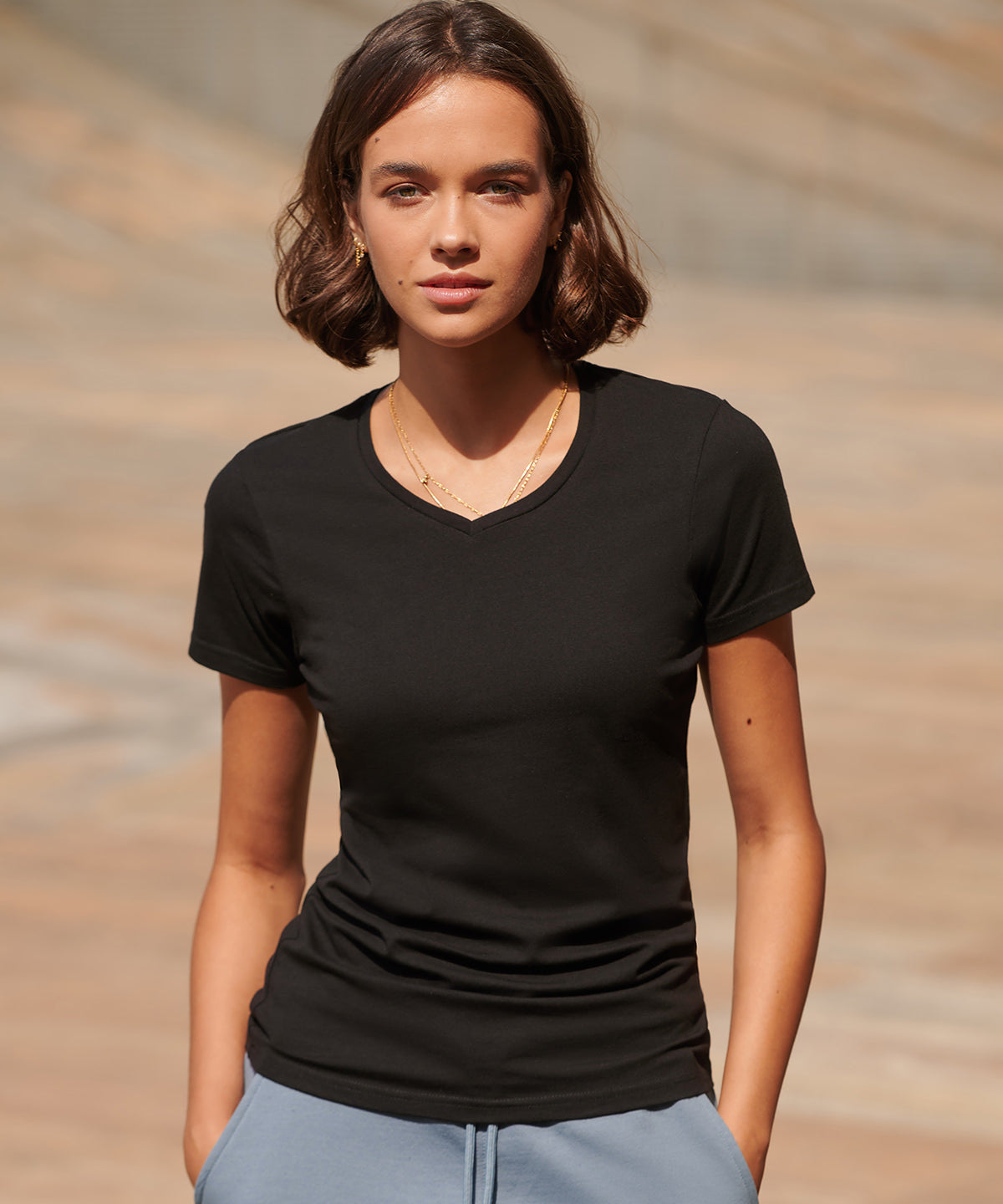 SF Feel good women's stretch v-neck t-shirt, lifestyle photo