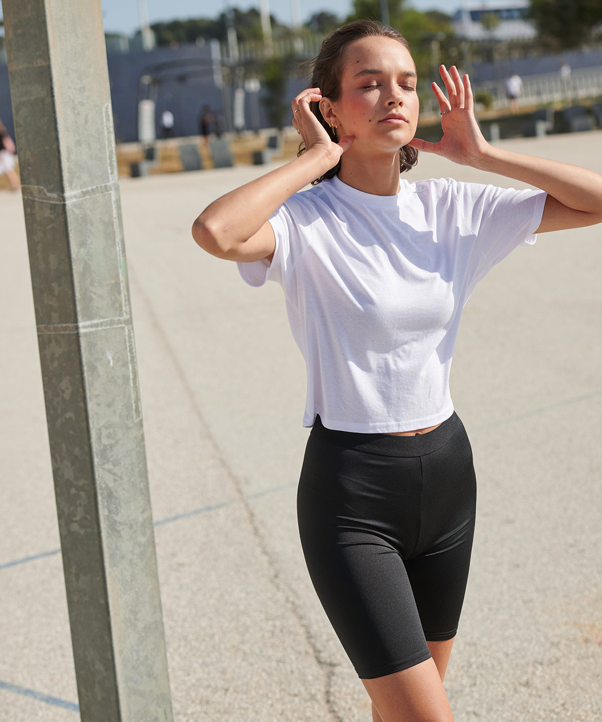 SF Women's fashion cycling shorts in Black/Black, lifestyle photo