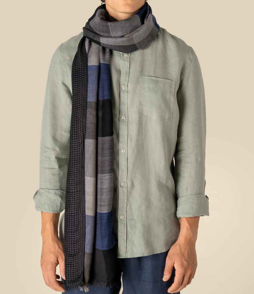 Spasso Blue Patchwork/Check Reversible Scarf in Blue Patch/Blue Check, front view