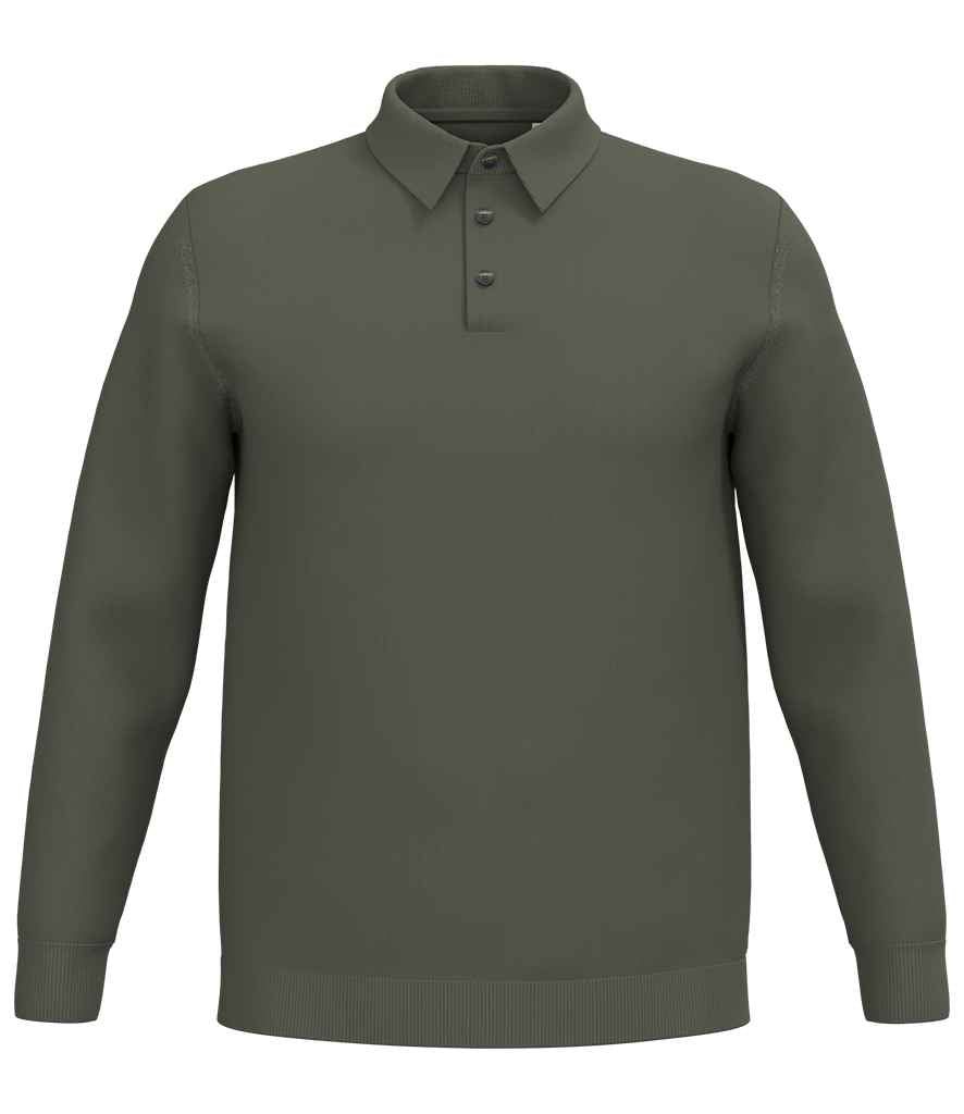 Spasso Knitted Long Sleeve Polo Shirt in Organic Khaki, front view
