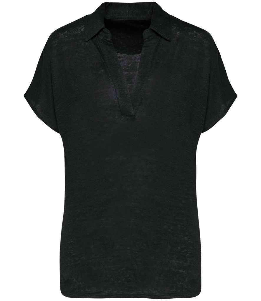 Spasso Ladies Linen Polo Shirt in Black, front view